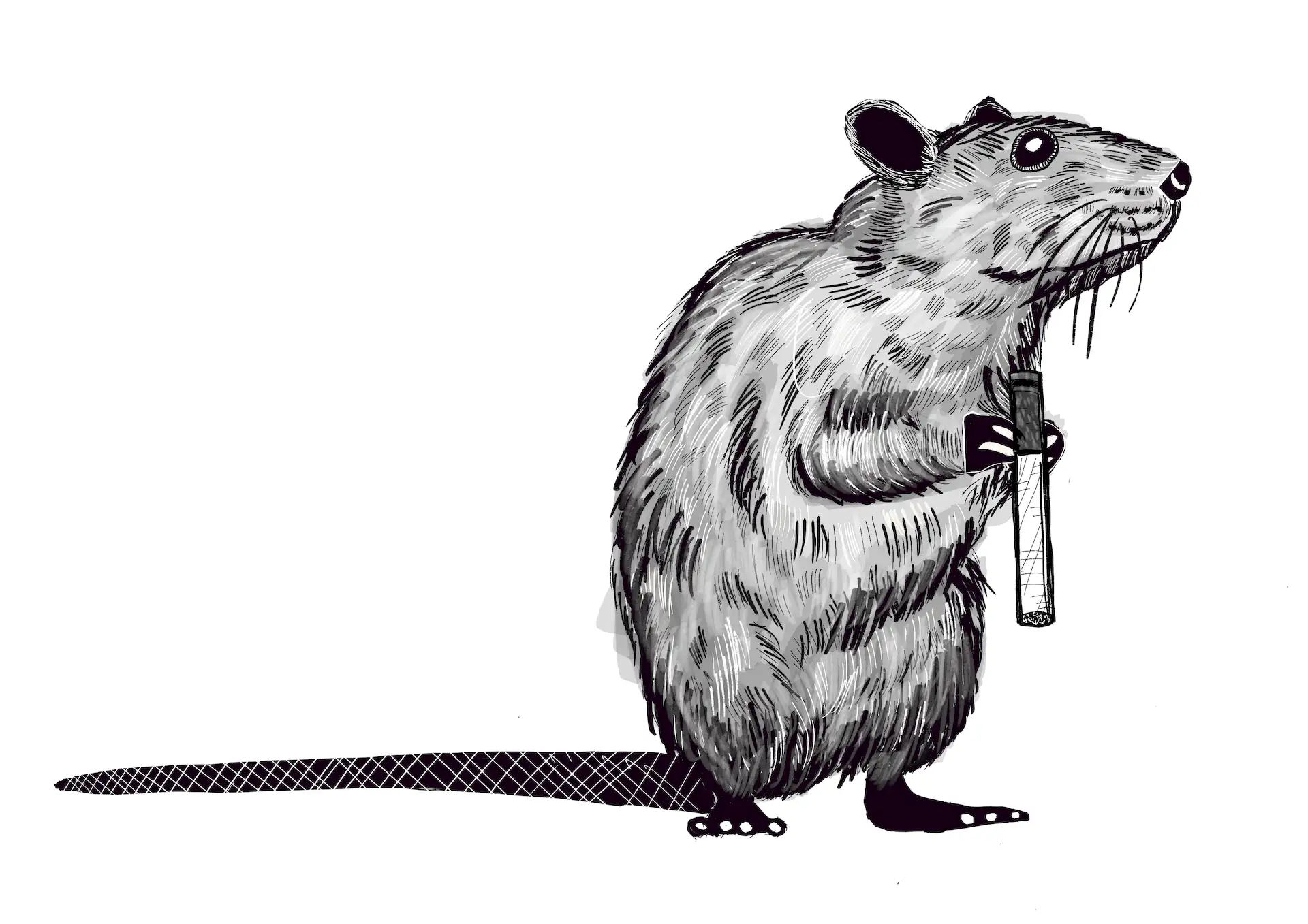 Ink drawing of a rat standing upright, holding an unlit cigarette like a ritual object. Art by RKV.