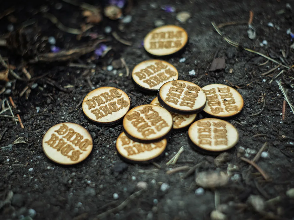 Engraved wooden bases scattered on dark soil