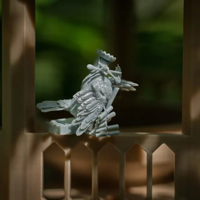 The Pigeon mini perched on a printed railing
