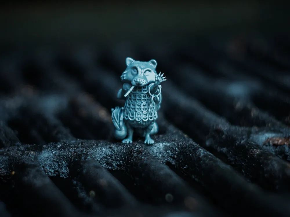 The Raccoon mini on a rusted grill